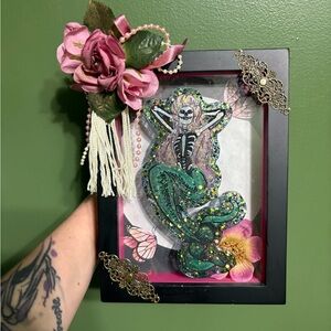 Framed Mermaid Skeleton Art with Pink Flowers